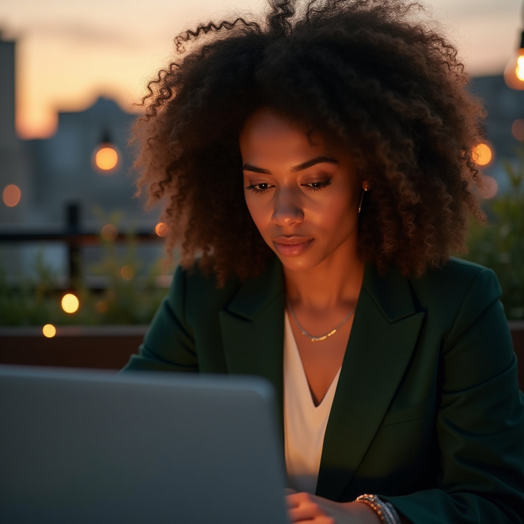 Mid-career professional in focused concentration working on a laptop in an outdoor professional setting at golden hour