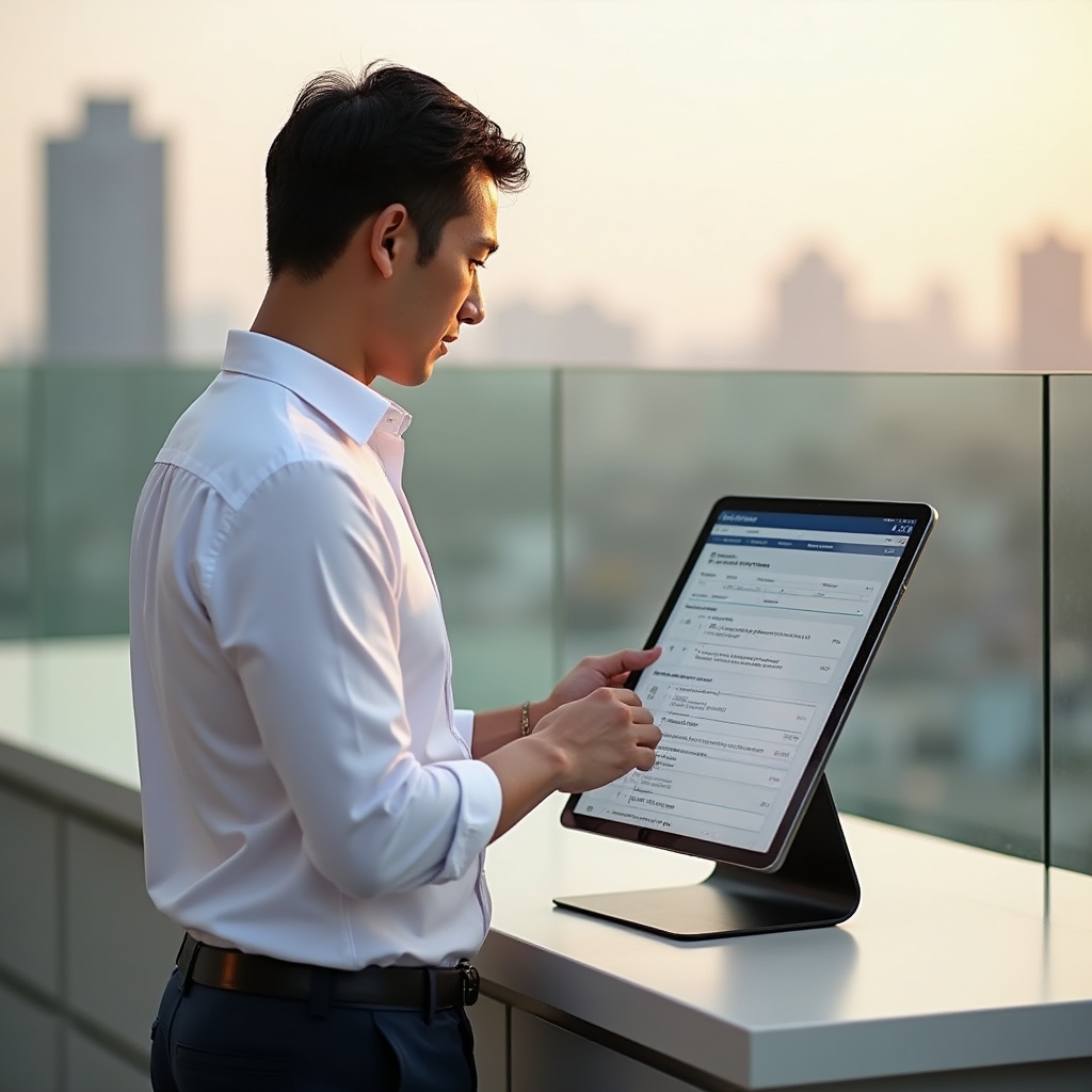 Professional organizing a structured weekly workflow on a tablet with a city view behind them
